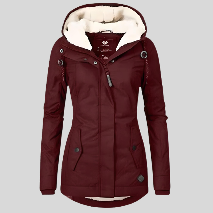 Damen Winterjacke mit Kapuze, burgunderrot, warm gefüttert, wasserdicht, modisch, ideal für kalte Tage, Outdoor-Aktivitäten, stilvoller Look.