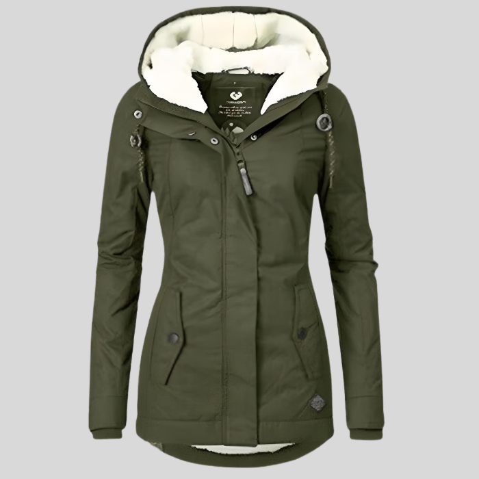 Damen Winterjacke in Olivgrün mit Kapuze und Fleece-Futter, warm und stilvoll, ideal für kalte Temperaturen, modische Outdoor-Bekleidung.