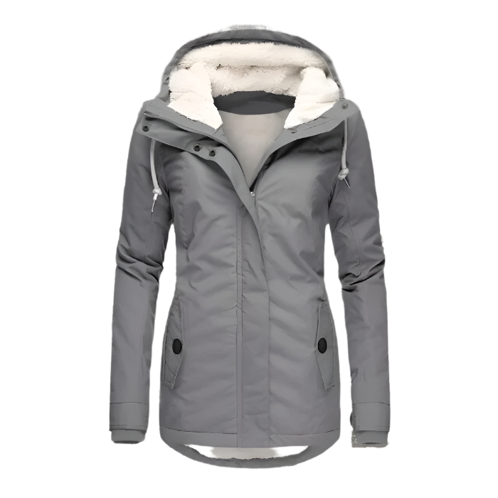 Graue Damen-Winterjacke mit Kapuze und Fleece-Futter, ideal für kaltes Wetter. Stilvoller Parka, warm und wasserabweisend. Perfekt für Outdoor-Aktivitäten.