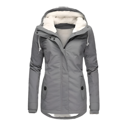 Graue Damen-Winterjacke mit Kapuze und Fleece-Futter, ideal für kaltes Wetter. Stilvoller Parka, warm und wasserabweisend. Perfekt für Outdoor-Aktivitäten.