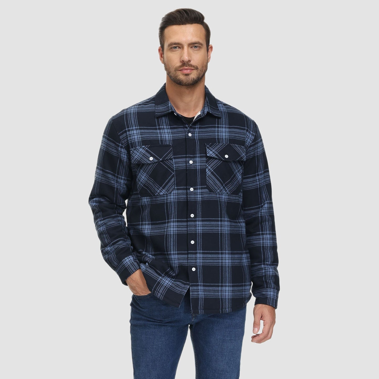 Gefütterte karierte Überhemdjacke mit Knopfverschluss und Seitentaschen | Ideal für Herbst/Frühjahr