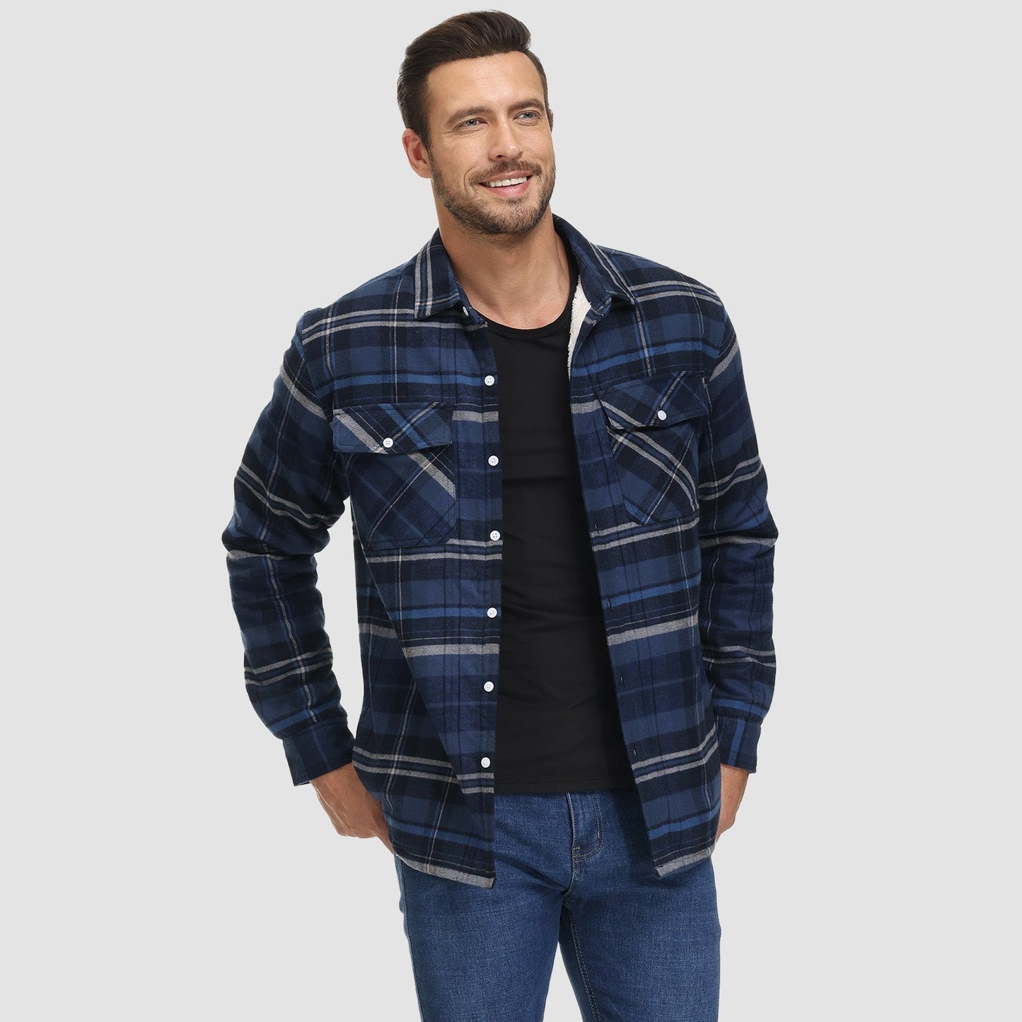 Gefütterte karierte Überhemdjacke mit Knopfverschluss und Seitentaschen | Ideal für Herbst/Frühjahr