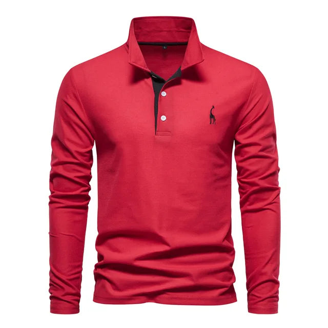 Rotes Langarm-Poloshirt mit schwarzem Kragen und Knopfleiste, elegantes Design, ideal für Herrenmode, Freizeitkleidung, stilvoll und modern.