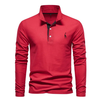 Rotes Langarm-Poloshirt mit schwarzem Kragen und Knopfleiste, elegantes Design, ideal für Herrenmode, Freizeitkleidung, stilvoll und modern.