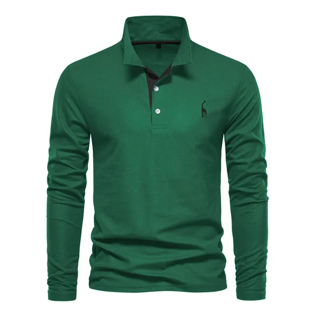 Grünes Langarm-Poloshirt mit Knopfleiste und gesticktem Logo, Herrenmode, stilvolles Freizeitoberteil, ideal für lässige Anlässe.
