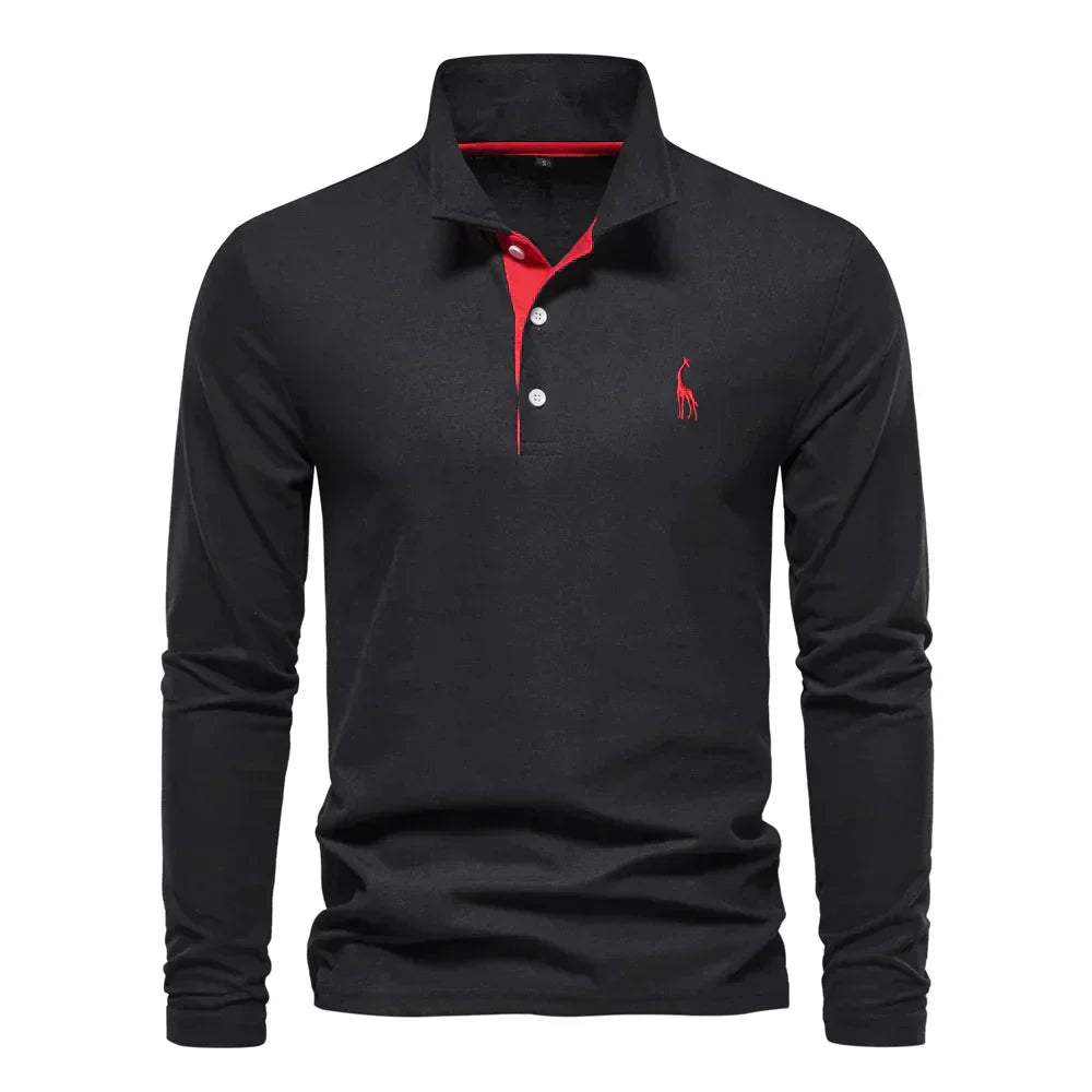 Schwarzes Langarm-Poloshirt mit rotem Kragen und Knopfleiste, elegantes Design, Herrenmode, Freizeitkleidung, stilvolles Polohemd.