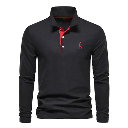 Schwarzes Langarm-Poloshirt mit rotem Kragen und Knopfleiste, elegantes Design, Herrenmode, Freizeitkleidung, stilvolles Polohemd.