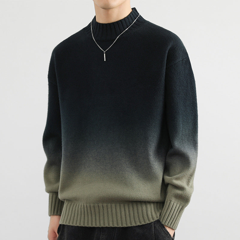 Dunkelblauer bis olivgrüner Ombre-Pullover für Herren, Rundhalsausschnitt, langärmelig, aus weichem Strickmaterial, modisches Design.