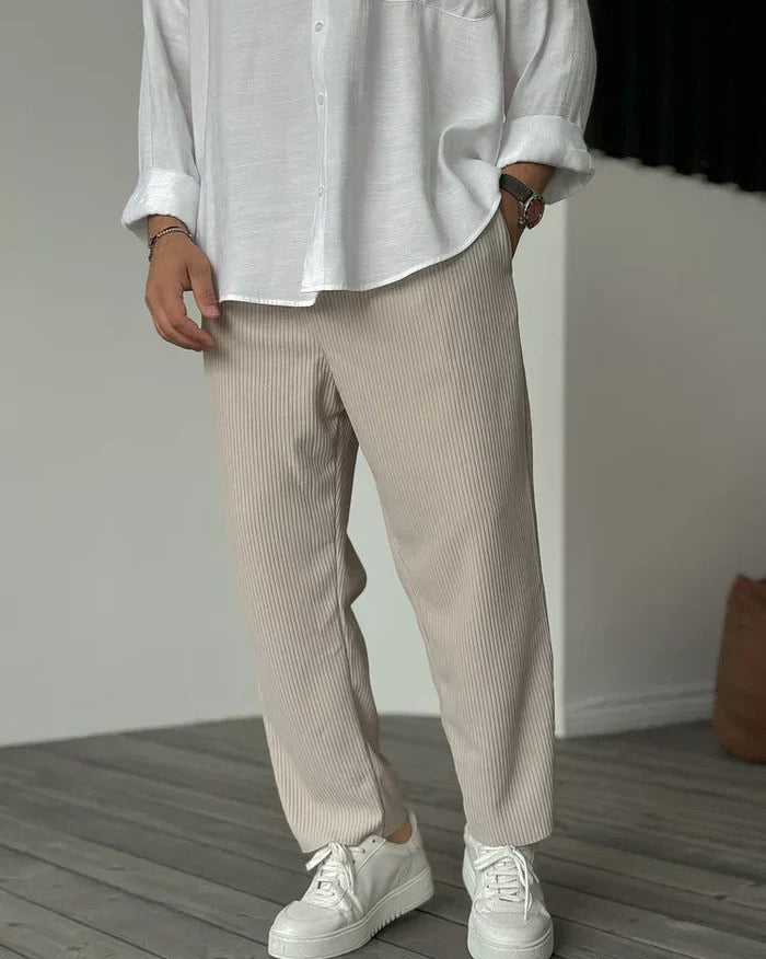 Herren Sommer-Cropped-Hose mit mittelhohem Bund, Kordelzug, geradem Bein und Streifenmuster