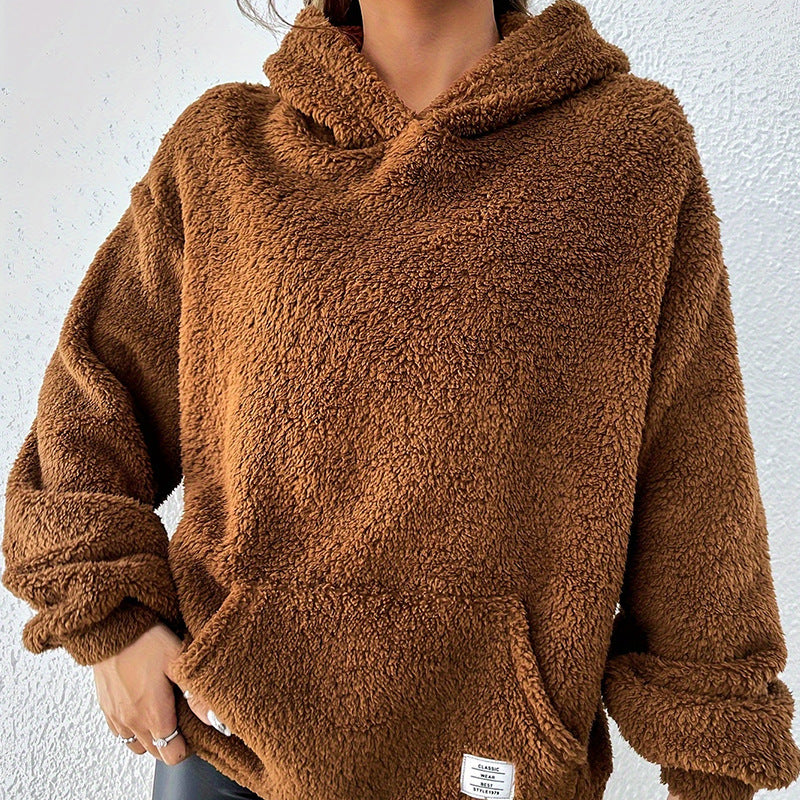 Damen Plüsch-Hoodie für den Herbst mit Kapuze, lockerem Schnitt und offener Front