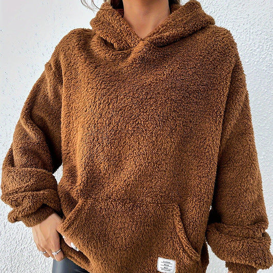 Damen Plüsch-Hoodie für den Herbst mit Kapuze, lockerem Schnitt und offener Front