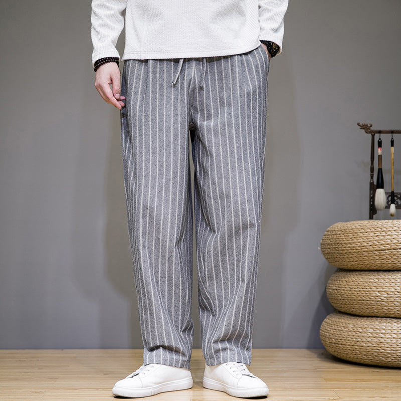Herren Gestreifte Baumwoll-Leinenhose mit Kordelzug – Ideal für Frühling und Herbst