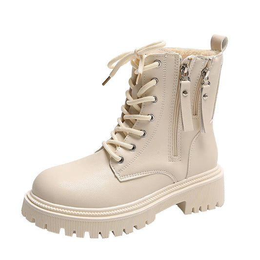 Beige Damenstiefel mit Schnürung und Reißverschluss, robuster Profilsohle, modisch und vielseitig, ideal für Herbst- und Winteroutfits.