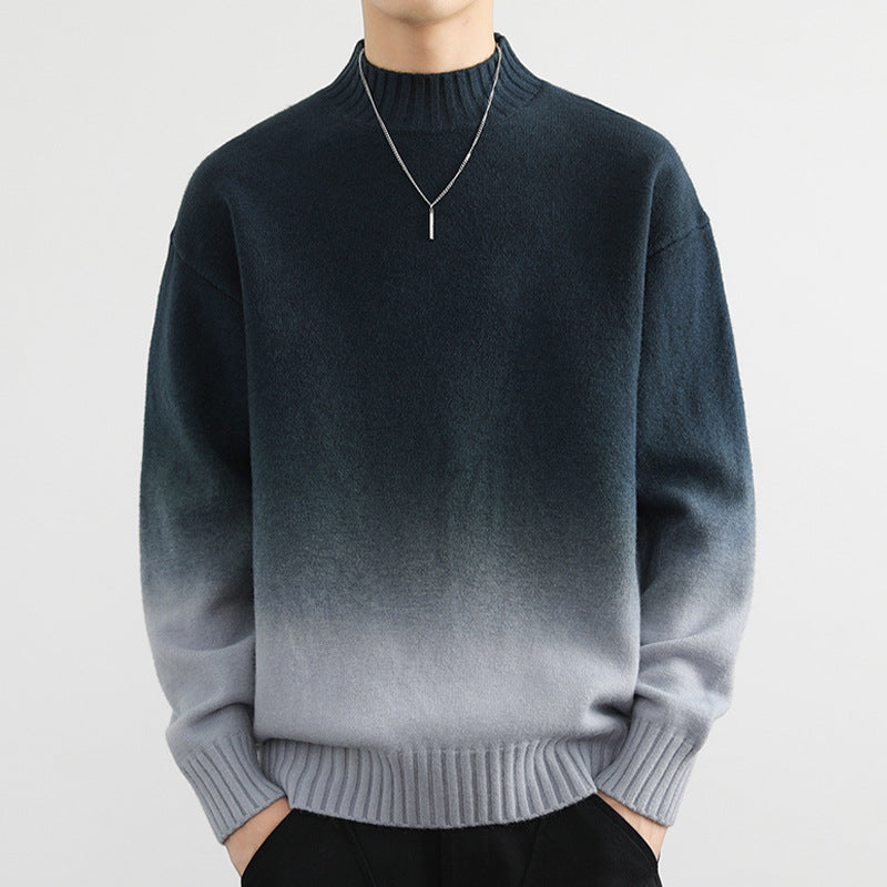 Dunkelblauer bis grauer Ombre-Pullover für Herren, Rollkragen, lässiger Stil, modisches Design, ideal für Herbst- und Wintermode.