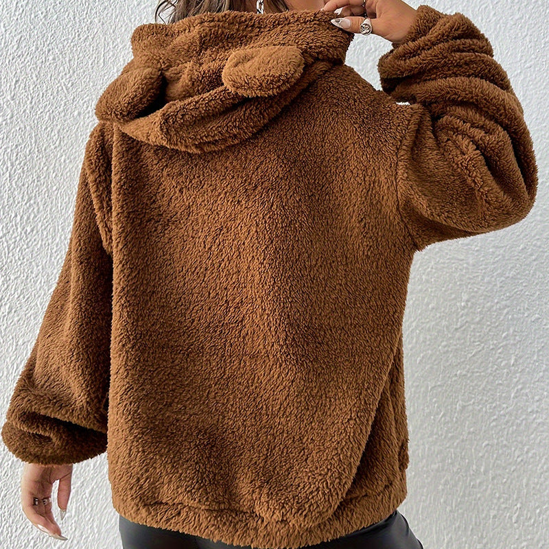 Damen Plüsch-Hoodie für den Herbst mit Kapuze, lockerem Schnitt und offener Front