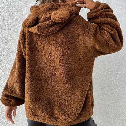 Damen Plüsch-Hoodie für den Herbst mit Kapuze, lockerem Schnitt und offener Front