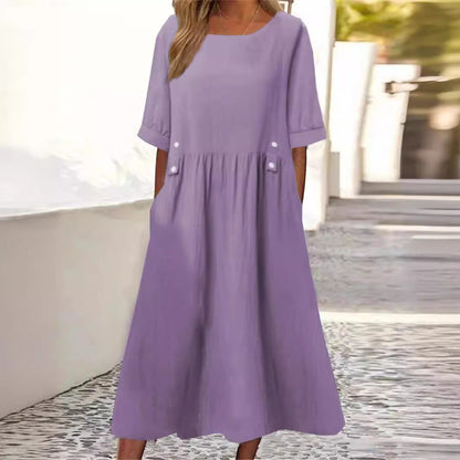 Baumwoll-Leinen-Mix Sommerkleid, Midilänge, Rundhalsausschnitt, Atmungsaktiv - Ideal für Frühling und Sommer