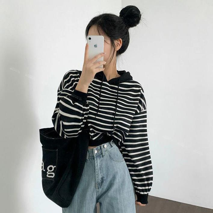 Damen-Sommer-Ärmelloses Hoodie-Top mit Streifenmuster und lockerem Schnitt