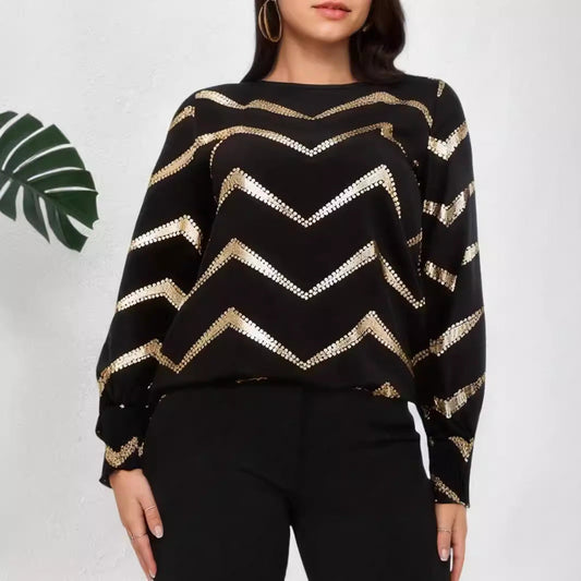 Schwarzer Pullover mit goldenen Zickzack-Pailletten, Damenmode, elegantes Design, langärmlig, ideal für festliche Anlässe und stilvolle Outfits.