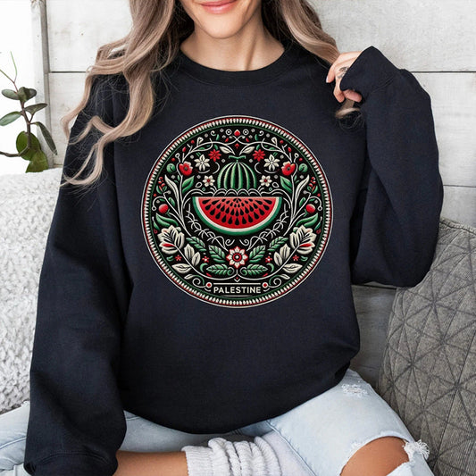 Frau trägt schwarzen Pullover mit palästinensischem Stickmuster, Wassermelonen-Design und Blumen. Modetrend, kulturelle Kleidung, gemütlicher Stil.