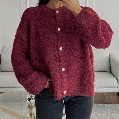 Damen-Strickjacke mit Rundhalsausschnitt und durchgehender Knopfleiste