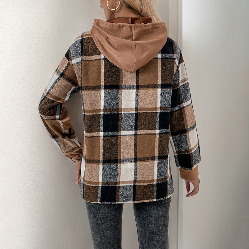 Damen Gepolsterter Kapuzenpullover für den Herbst mit Karomuster-Colorblock und lockerem Schnitt