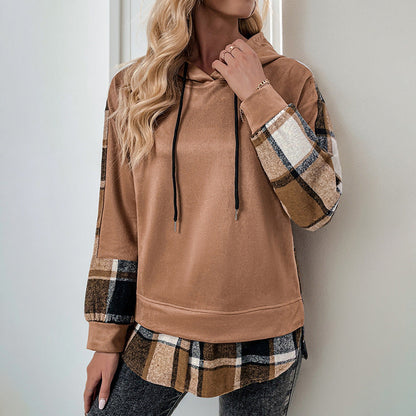 Damen Gepolsterter Kapuzenpullover für den Herbst mit Karomuster-Colorblock und lockerem Schnitt