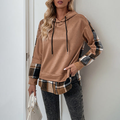 Damen Gepolsterter Kapuzenpullover für den Herbst mit Karomuster-Colorblock und lockerem Schnitt