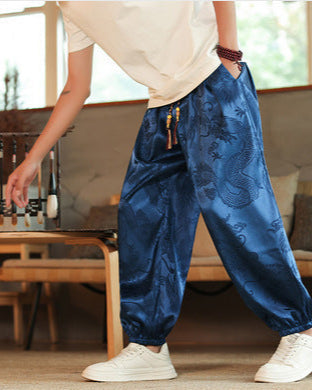 Herren-Haremshose mit Drachenmuster, mittelhohem Bund, Kordelzug und konischem Bein