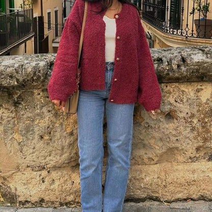 Damen-Strickjacke mit Rundhalsausschnitt und durchgehender Knopfleiste