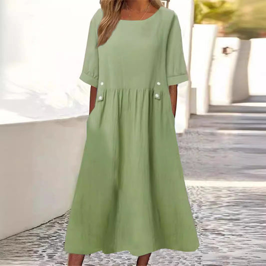 Baumwoll-Leinen-Mix Sommerkleid, Midilänge, Rundhalsausschnitt, Atmungsaktiv - Ideal für Frühling und Sommer