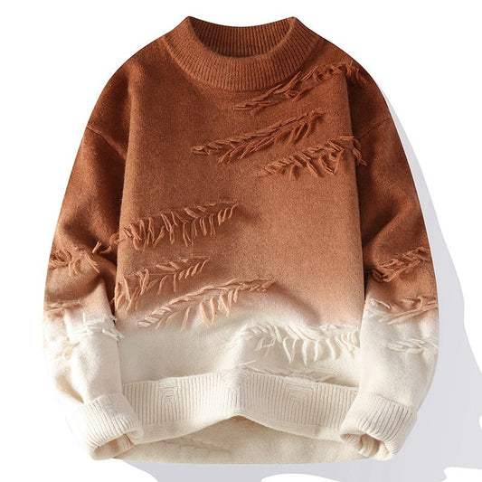 Brauner und weißer Strickpullover mit Blattmuster, weiches Material, modisches Design, Herbst-Winter-Kleidung, gemütlicher Stil.