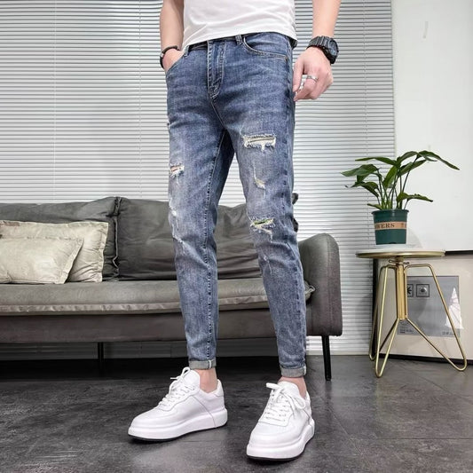 Schmale Herren-Jeans mit Rissen und hohem Bund – Dehnbare Passform, ideal für Frühling und Herbst