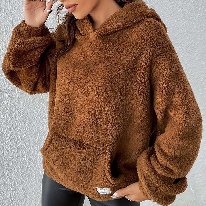 Damen Plüsch-Hoodie für den Herbst mit Kapuze, lockerem Schnitt und offener Front