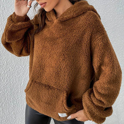 Damen Plüsch-Hoodie für den Herbst mit Kapuze, lockerem Schnitt und offener Front