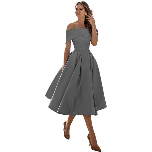 Schulterfreies Satin-Party-Kleid mit Eleganter Silhouette | Ideal für den Sommer