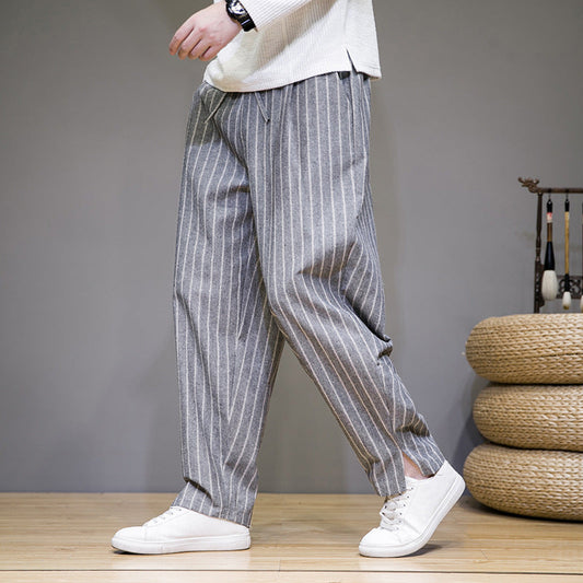 Herren Gestreifte Baumwoll-Leinenhose mit Kordelzug – Ideal für Frühling und Herbst