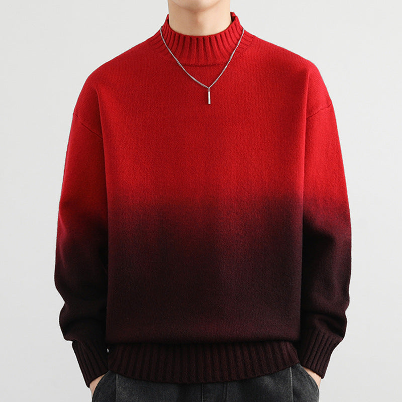 Roter Herrenpullover mit Farbverlauf, Rundhalsausschnitt und Kette. Modischer Strickpullover für Herbst und Winter. Ideal für stilvolle Outfits.