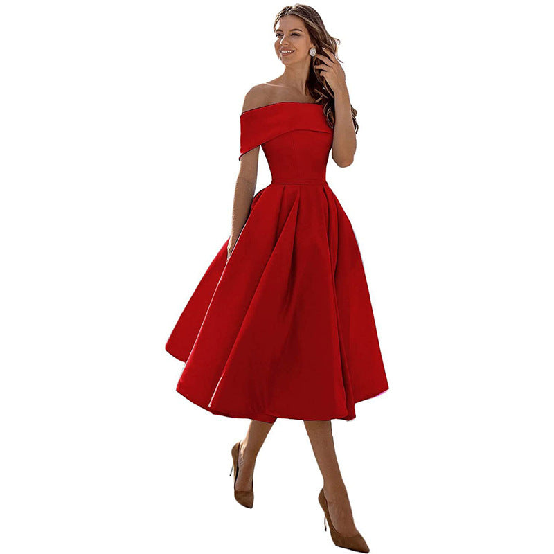 Schulterfreies Satin-Party-Kleid mit Eleganter Silhouette | Ideal für den Sommer