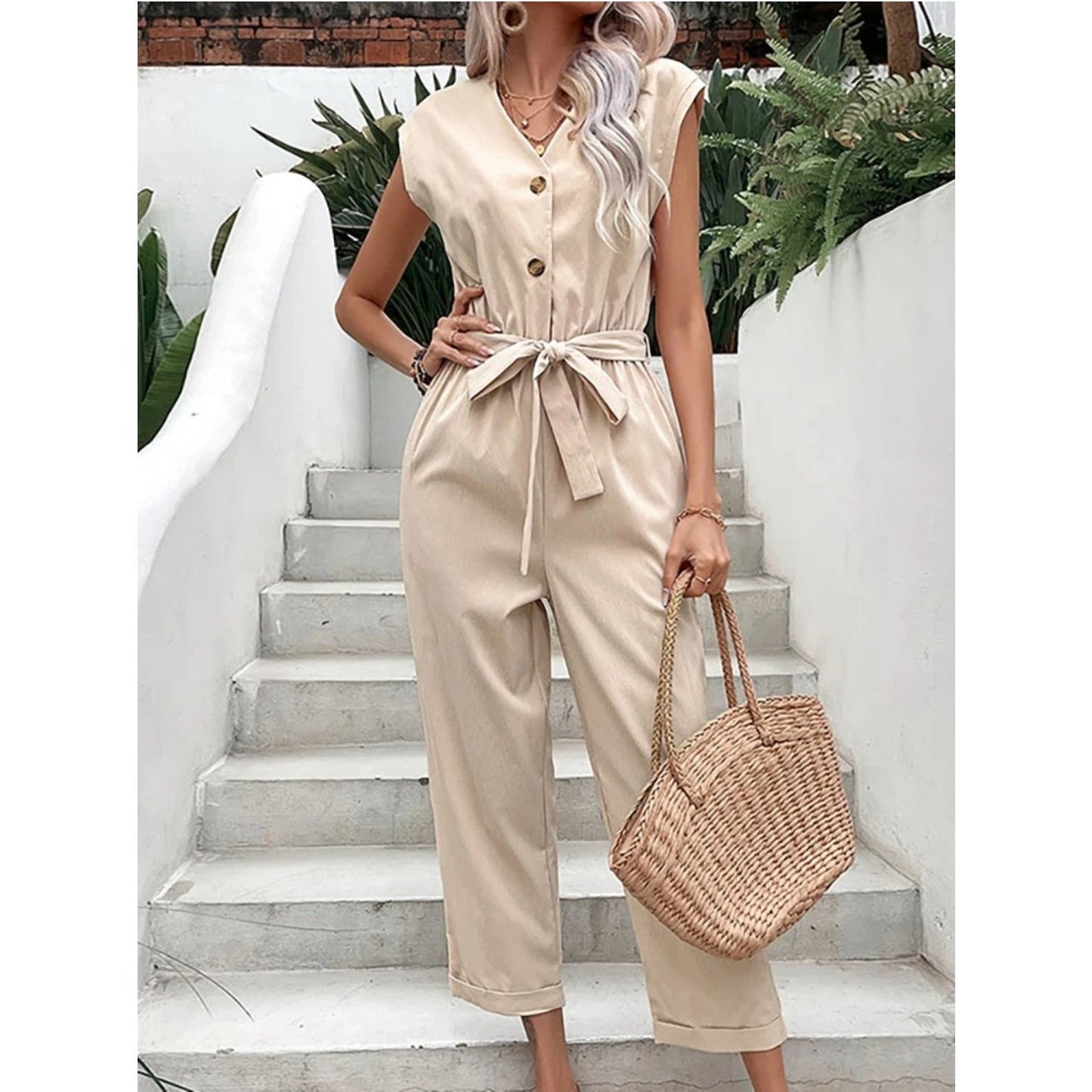 Eleganter ärmelloser V-Ausschnitt Jumpsuit – Figurschmeichelnder Schnitt, vielseitig tragbar – Ideal für Frühling & Sommer