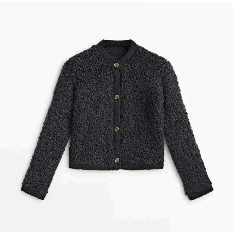 Damen Cropped Sherpa Strickjacke mit Knöpfen – Warmes Winter- und Herbst-Essential