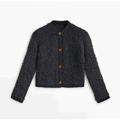 Damen Cropped Sherpa Strickjacke mit Knöpfen – Warmes Winter- und Herbst-Essential