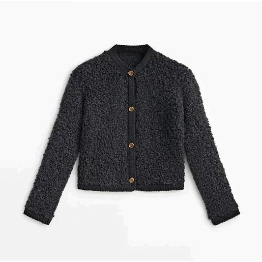 Damen Cropped Sherpa Strickjacke mit Knöpfen – Warmes Winter- und Herbst-Essential