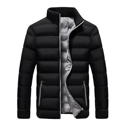 Schwarze Daunenjacke für Herren, gesteppt, mit Reißverschluss und Stehkragen. Modische Winterjacke, warm und leicht, ideal für kalte Tage.