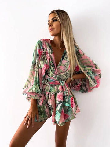 Blumenmuster Overall mit Gürtel – Leichtes Sommer-Outdoor-Outfit - ideal für Sommer