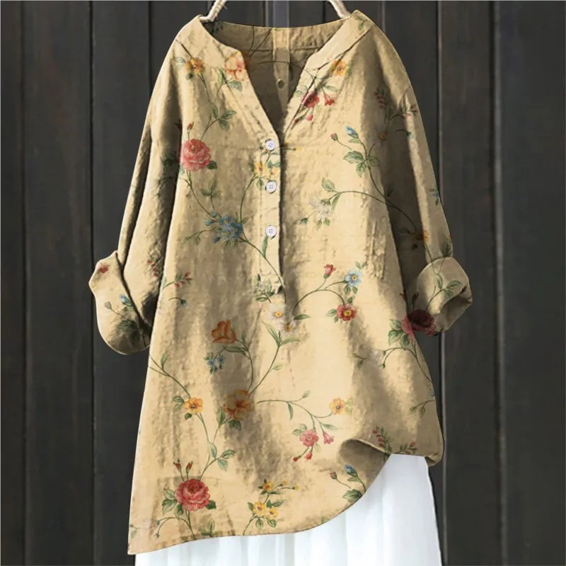 Beige Damenbluse mit Blumenmuster, lockerer Schnitt, V-Ausschnitt und Knopfleiste, ideal für Frühling und Sommermode.