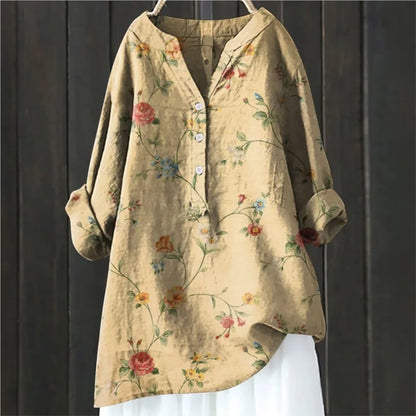 Beige Damenbluse mit Blumenmuster, lockerer Schnitt, V-Ausschnitt und Knopfleiste, ideal für Frühling und Sommermode.
