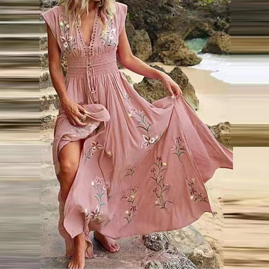 Blumiges V-Ausschnitt Midikleid mit Fliegenden Ärmeln – Ideal für Sommer