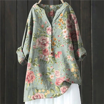 Bluse mit Blumenmuster, grün, rosa und orange, langärmlig, Knopfleiste, lässiger Stil, ideal für Frühling und Sommermode, Damenbekleidung.