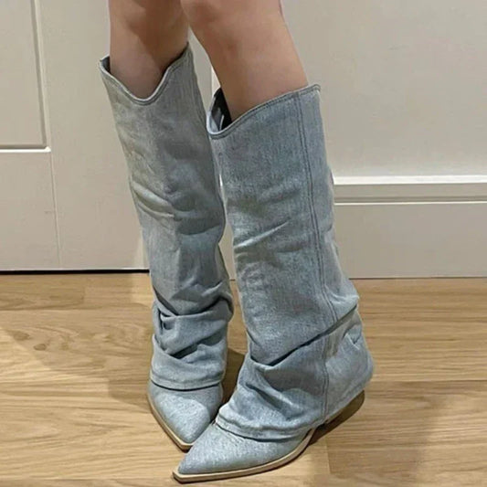 Kniehohe Denim-Stiefel mit isoliertem Futter und rutschfester Sohle | Ideal für den Winter